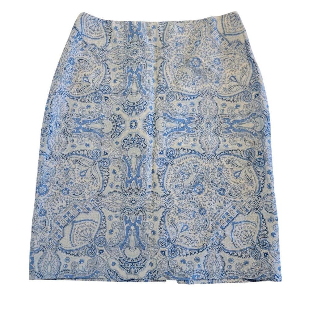Banana Republic Paisley Skirt Silk Blend Muted Blue Gray Tones Womens Size 2 EUC